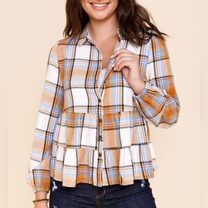 Blue Rain Plaid Tiered Long Sleeve Top